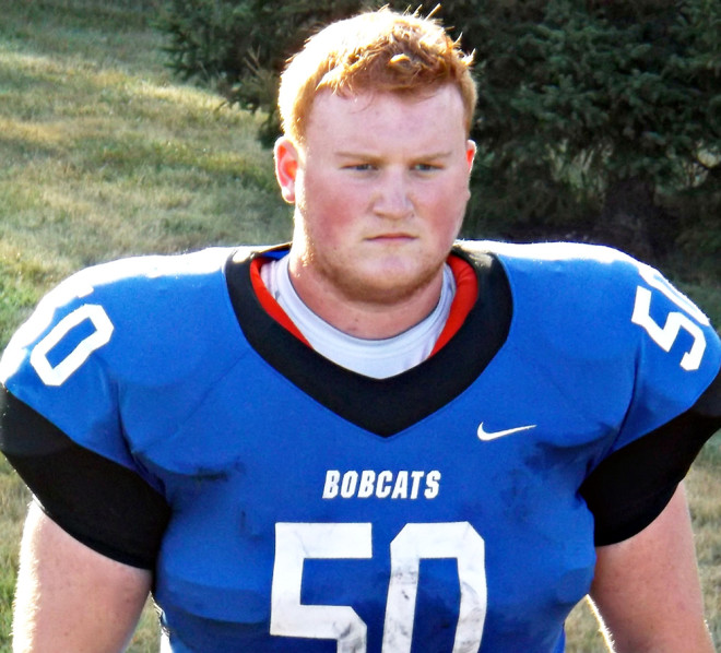 Blue Hill senior Collin Brown (50), a two-time all-stater, will lead the Bobcats against Lawrence-Nelson in Huskerland's game of the year for 2016.