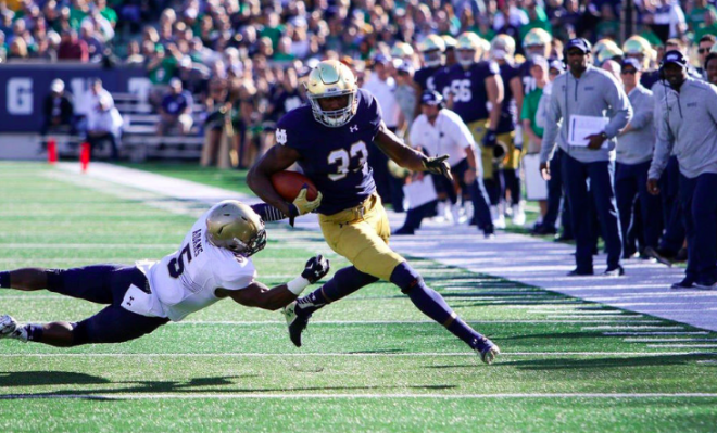 After setting a Notre Dame freshman record for rushing yards, Josh Adams will look to form a potent running combination with senior Tarean Folston.