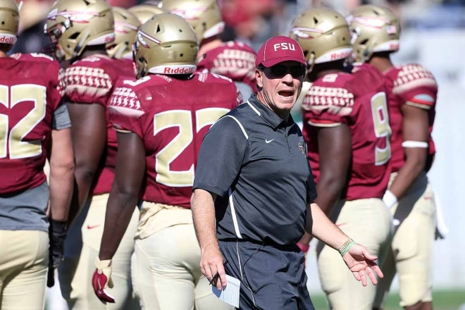 FSU coach Jimbo Fisher shouts instructions during the spring game in Orlando.