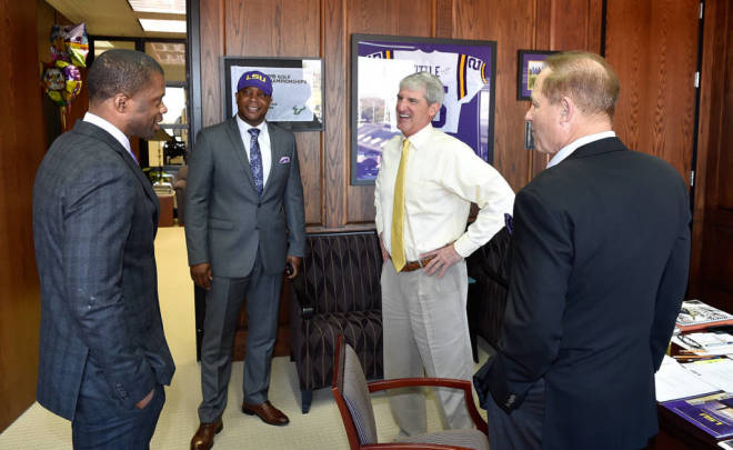 LSU WRs' coach Dameyune Craig, RB's coach Jabbar Juluke, Athletics Director Joe Alleva and Les Miles