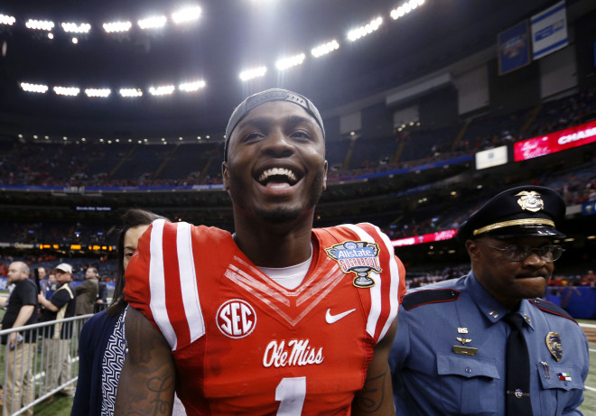 Ole Miss wide receiver Laquon Treadwell (1) celebrates after their victory over Oklahoma State in the Sugar Bowl college football game in New Orleans, Friday, Jan. 1, 2016. Mississippi won 48-20.