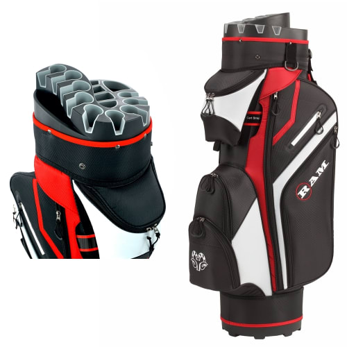 Ram Golf Premium Trolley Bag with 14 Way Molded Organiser Divider Top Black Red White