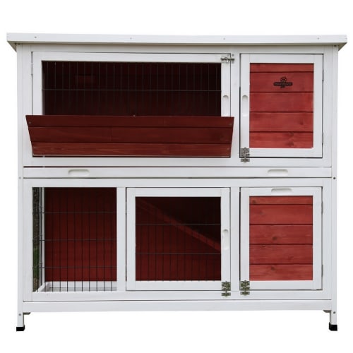 Confidence Pet Rabbit Hutch, 4ft 2-Story with Ramp Wooden Hutch, Red/White