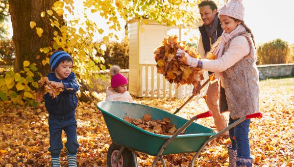 family raking leaves into a wheelbarrow