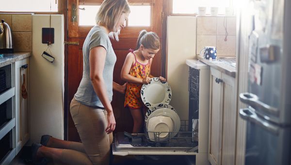 mother, daughter, kitchen, dishwasher, child loading dishwasher