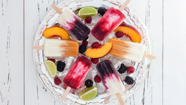 fruit, popsicles, bowl, peaches, limes, blueberries