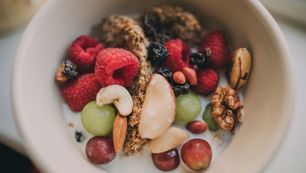 Bowl of fruit and granola