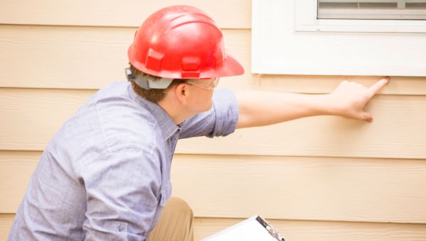 Construction worker examining windows