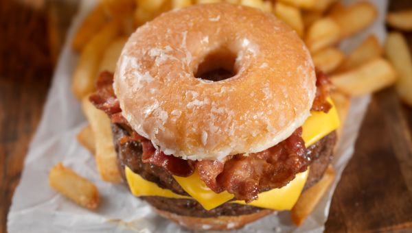 Donut bacon cheeseburger and french fries
