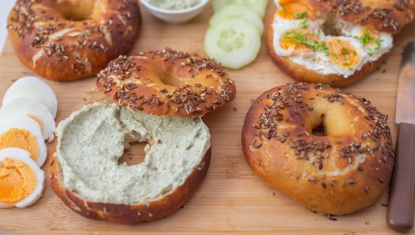 whole grain bagels with cream cheese and boiled eggs