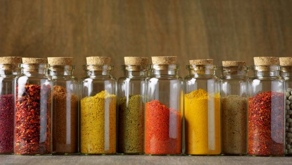 Assorted ground spices in bottles
