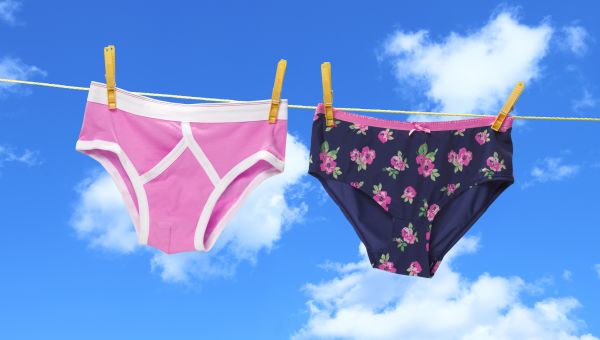 two pairs of clean women's brief underpants hang on a clothesline outside 