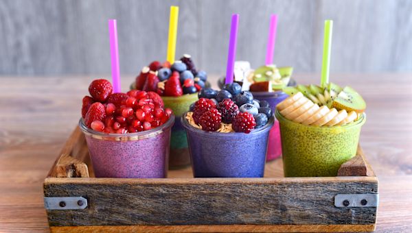 Tray holding fruit smoothies