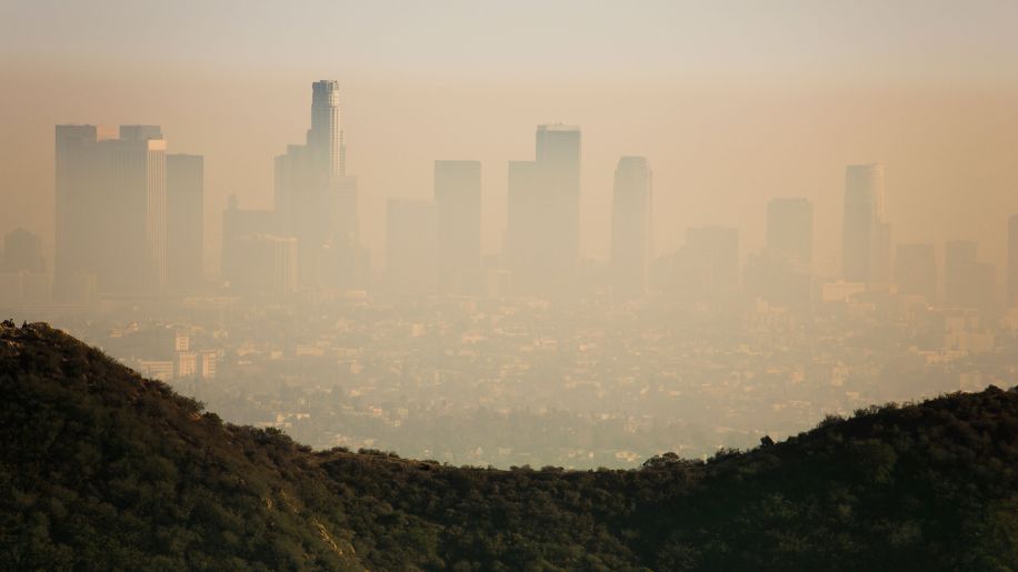 View of smog covering Los Angeles city skyline.