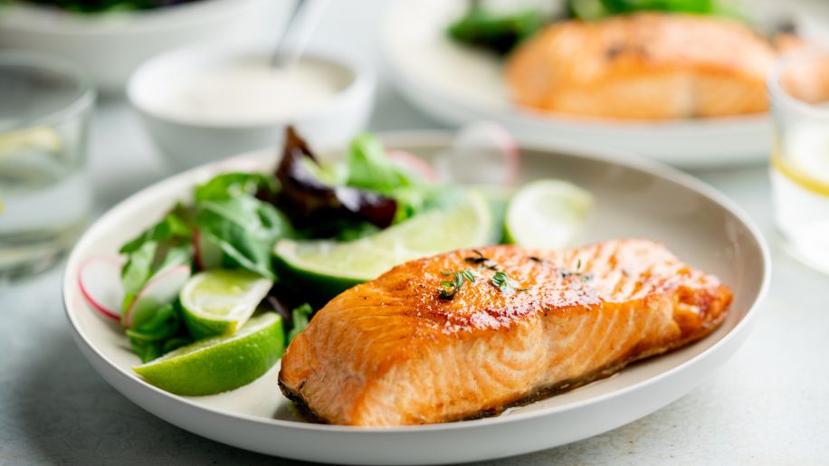 plate of salmon and salad