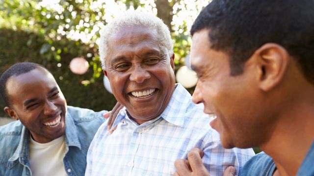 father and sons, family, talking, three men, smiling, elderly man