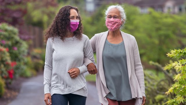 woman walking with her mom in masks