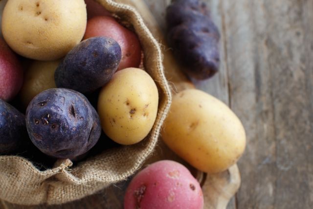 colorful potatoes in burlap bag on wood table