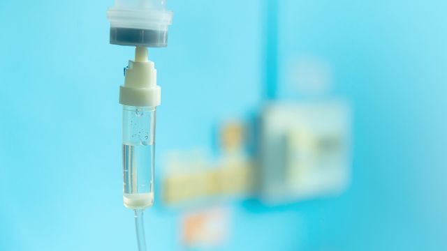 An IV infusion for cancer treatment. Cancer treatments, including immunotherapy, may be given with an infusion.