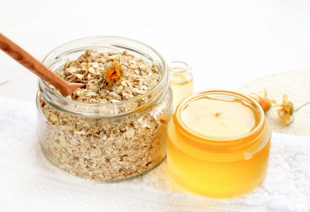 glass jars of oatmeal and honey