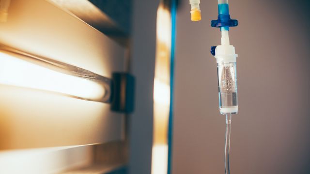 A close-up of an IV drip used for treatment of non-small cell lung cancer.