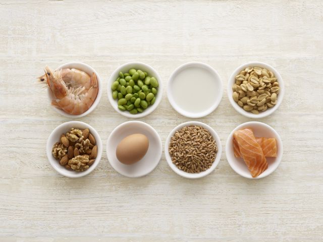Eight small serving bowls containing eight common food allergens—shellfish, soy, milk, peanuts, nuts, eggs, sesame seeds, and fish. 
