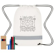 Lil' Bit Reflective Non-woven Coloring Drawstring Bag With 4 Piece Washable Marker Set