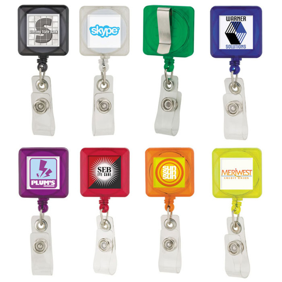 Printed Square Plastic Retractable Badge Holder with Standard Clip