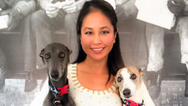 Vet and former Amazing Race contestant Sally Yamamoto-Smith and her dogs Rokit and Nitrous.