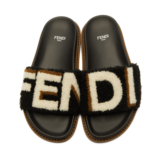 FENDI Shearling Logo Slide Sandal, Black | ModeSens
