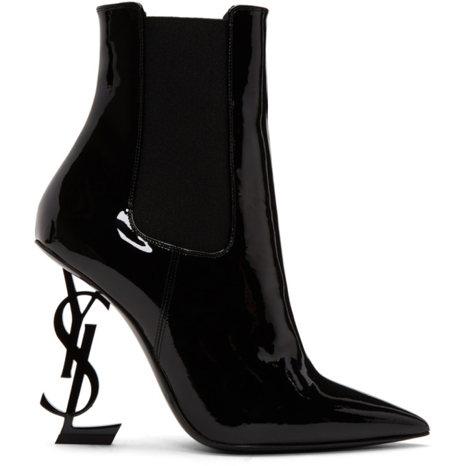 SAINT LAURENT Opyum Logo-Heel Patent-Leather Ankle Boots, Black | ModeSens