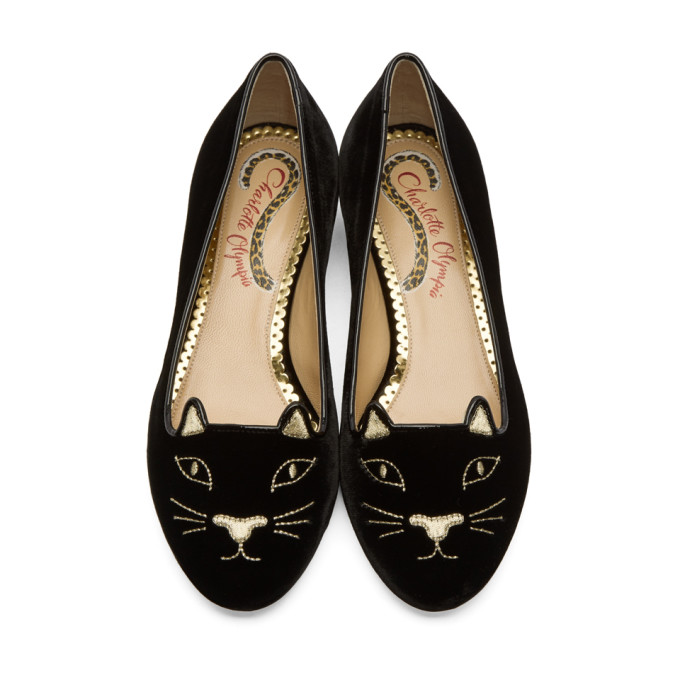 CHARLOTTE OLYMPIA Kitty Velvet Cat-Embroidered Flat, Black/Gold | ModeSens