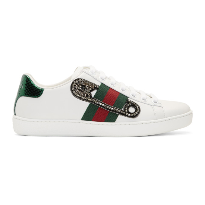 GUCCI ACE WATERSNAKE-TRIMMED EMBELLISHED LEATHER SNEAKERS, WHITE | ModeSens
