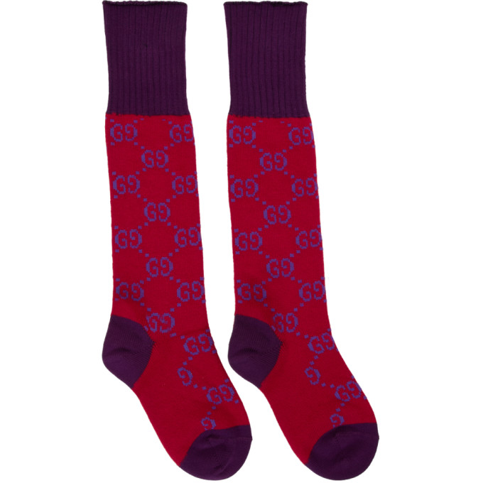Gucci Gg Supreme Cotton Knee High Socks In Red/purple | ModeSens