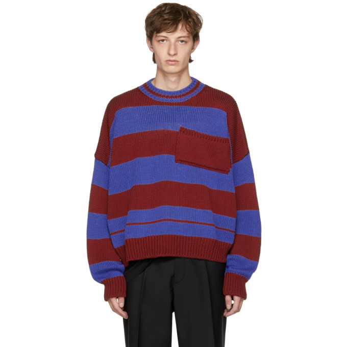 Raf Simons Red & Blue Disturbed Striped Sweater | ModeSens