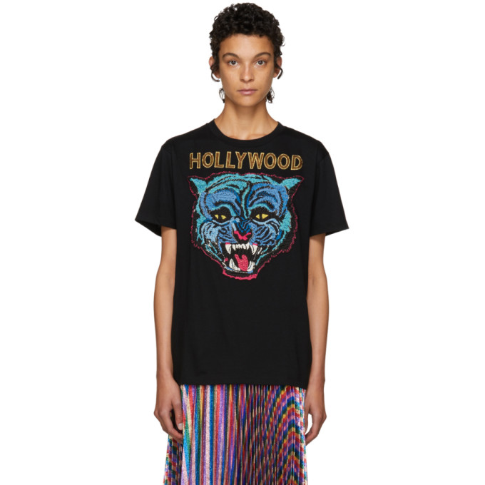 GUCCI Hollywood Tiger-Motif Cotton T-Shirt in Black | ModeSens