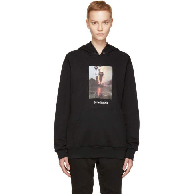 PALM ANGELS BURNING PALM-PRINT COTTON TERRY HOODIE, BLACK-MULTICOLOR ...