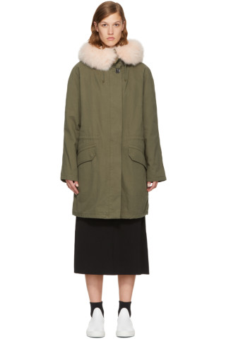 Army by Yves Salomon - Green & Pink Classic Long Fur-Lined Parka