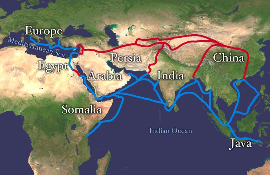 Map of trade routes from Asia to Europe in the 13th century.