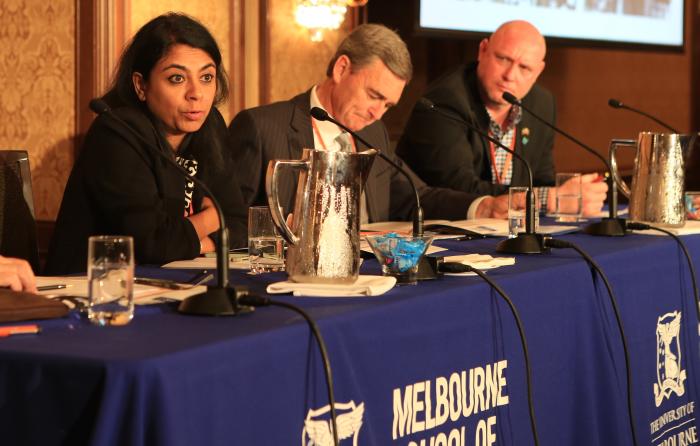 L-R: Mukulika Banerjee, The Hon John Brumby, Dr Mark McMillan