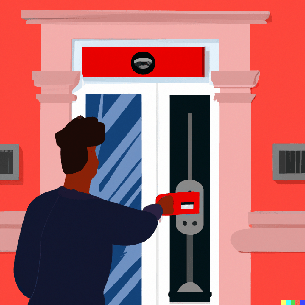 cool person using a pass to access a beautiful red building, illustrated