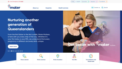A webpage banner for Mater Mothers featuring a nurse holding a newborn alongside a new mother, with navigation links below.