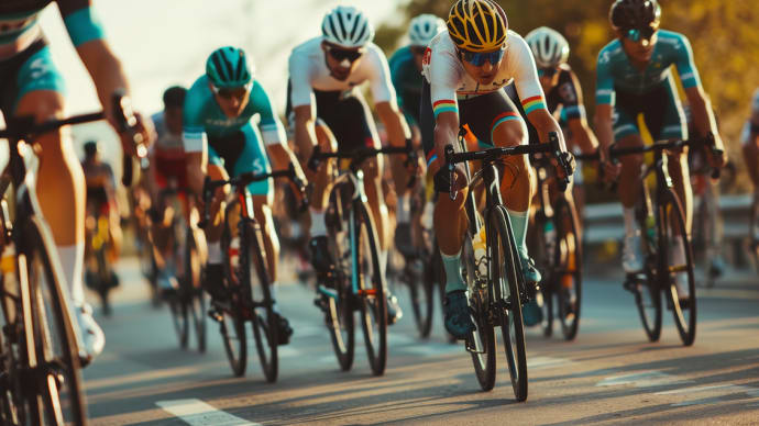 A group of cyclists in colorful jerseys racing on a paved road under a bright sky.