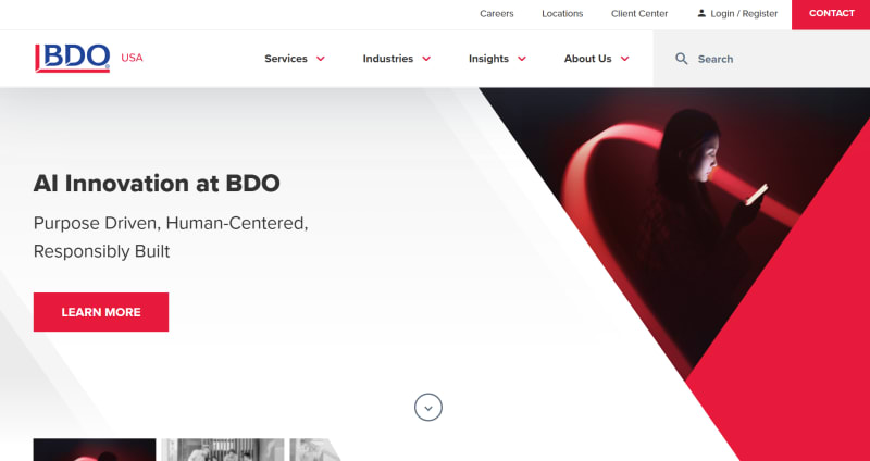 BDO USA website homepage featuring the headline AI Innovation at BDO and a graphic of a person using a glowing phone.