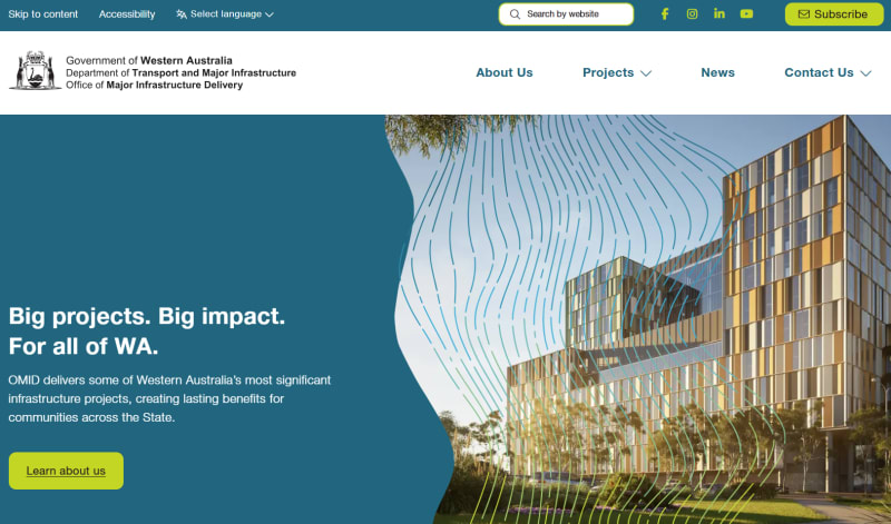 Website homepage featuring the Government of Western Australia logo, navigation menu, and a modern building graphic.