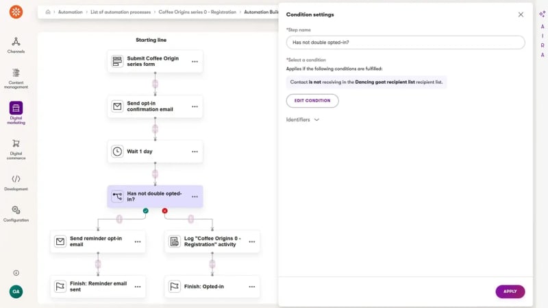 A flowchart showing an automation process for email opt-ins, with a condition setting panel open on the right.