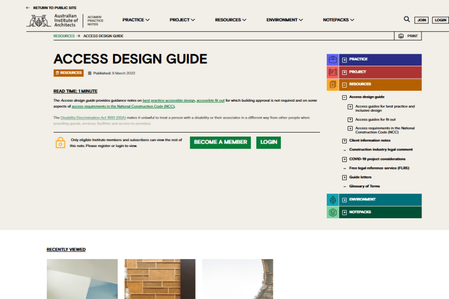 A webpage for an "Access Design Guide" with navigation, content, and related articles.