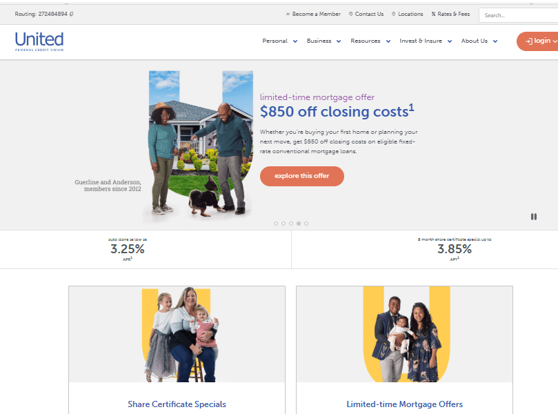 A screenshot of the United Credit Union website, showing mortgage and savings offers.